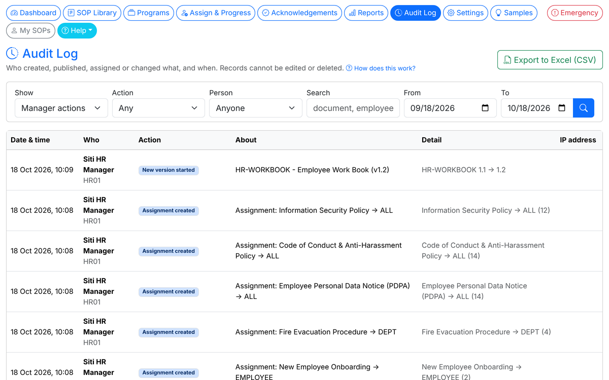 Audit Log with filters and list of admin actions