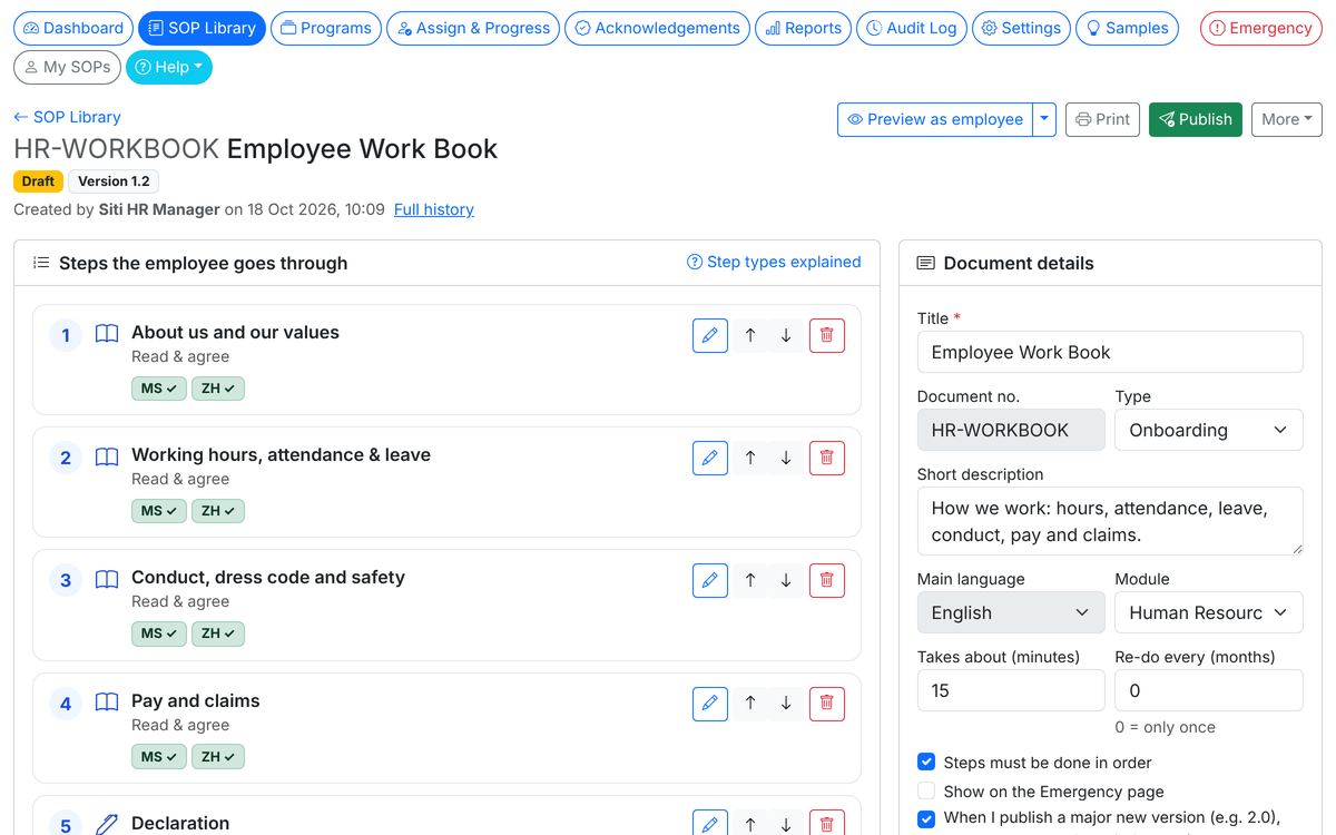 SOP editor with the list of steps, translation badges and document details