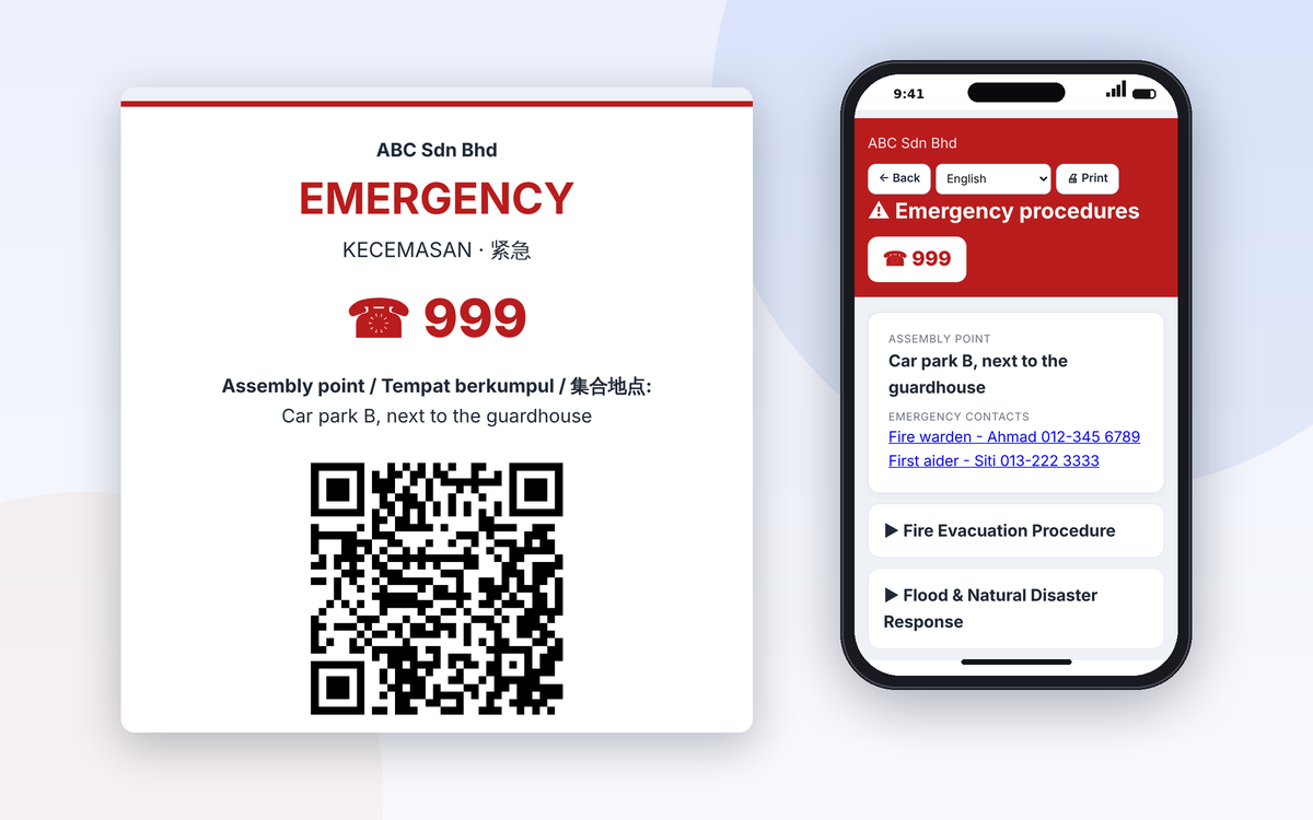 Emergency wall poster with QR code next to a phone showing the emergency procedures page
