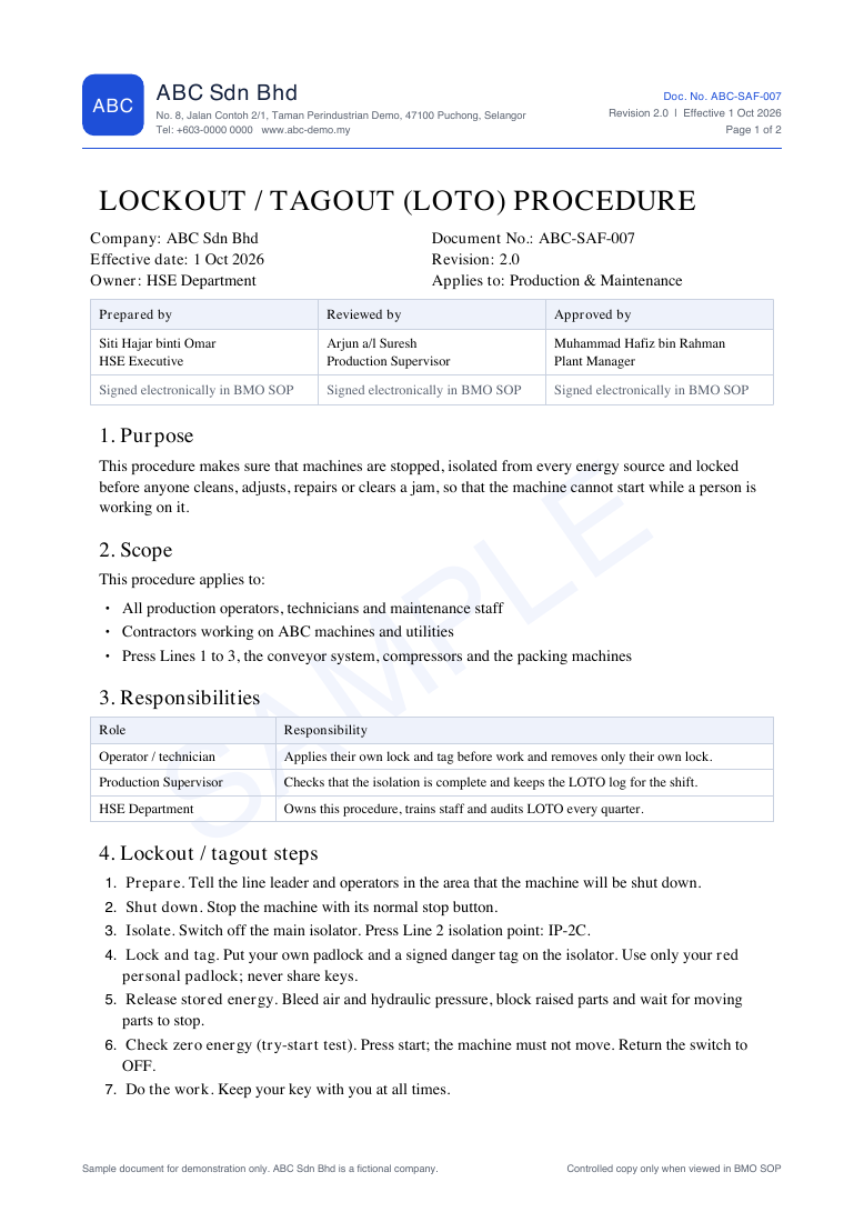 Sample SOP PDF showing version details and a SAMPLE watermark