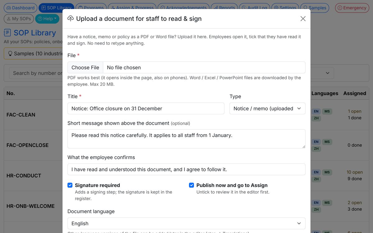 Upload a document dialog with file, title, message and publish options
